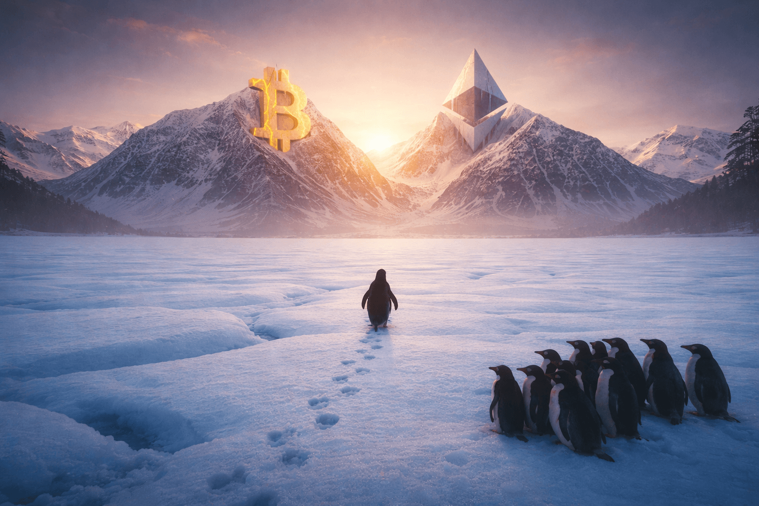 Penguins in icy mountains with bitcoin and ethereum symbols