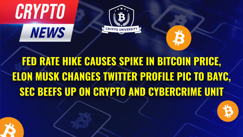 Fed Rate Hike Causes Spike In Bitcoin Price, Elon Musk Changes Twitter Profile Pic to BAYC, SEC Beefs Up on Crypto and Cybercrime Unit